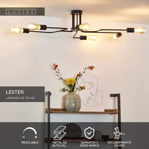 Lucide LESTER - Lámpara de techo - 6xE27 - Negro - USP